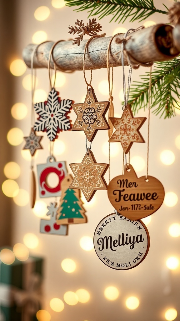 Handmade wooden Christmas ornaments with various designs hanging from a branch.